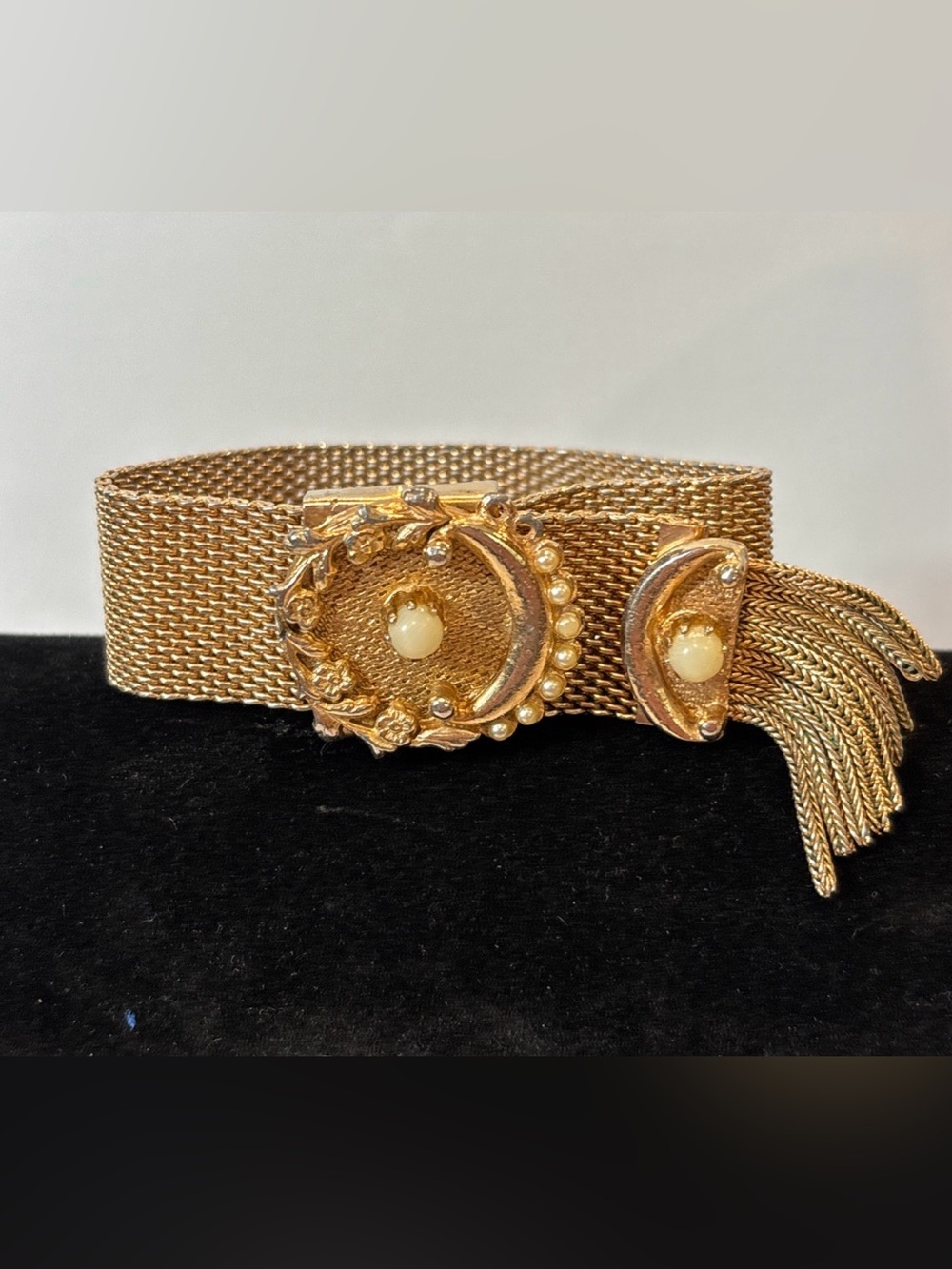 Vintage Gold Tone Mesh Bracelet Tassel Fringe Faux Pearl Rhinestone Victorian